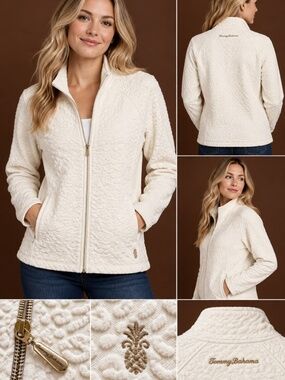 Tommy Bahama Women's L Aruba Purrfection Cotton Leopard Zip Jacket Ivory